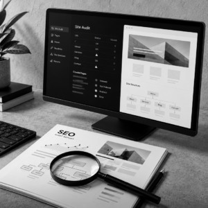 Auditoría SEO: monitor con panel técnico de rendimiento orgánico y métricas web.