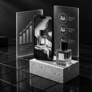 Campañas de publicidad digital: smartphone, frasco de perfume y pantallas con métricas sobre pedestal
