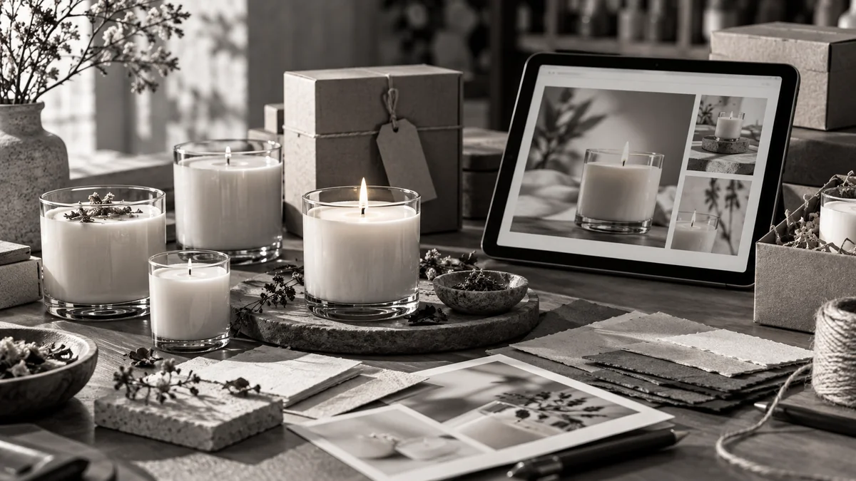 Caso de éxito Aromas del Sur: tablet con fotos de velas artesanales encendidas y muestras de packaging sobre la mesa