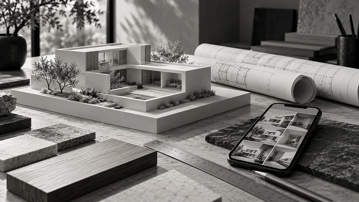 Caso de éxito Estudio Trazo Arquitectura: maqueta de casa, planos y smartphone con galería arquitectónica sobre escritorio